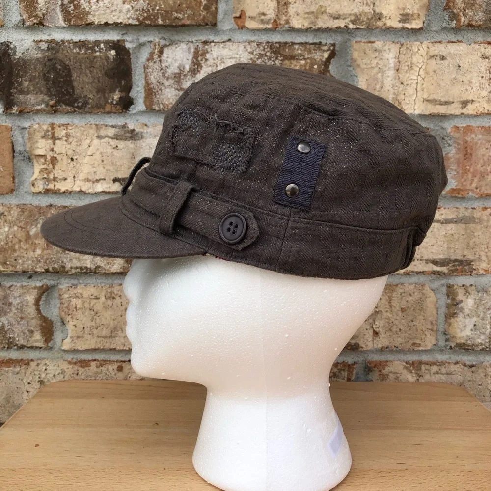 Mudd Vintage Cotton Green/Brown‎ Distressed Patches Floral Print Linen Cap OS